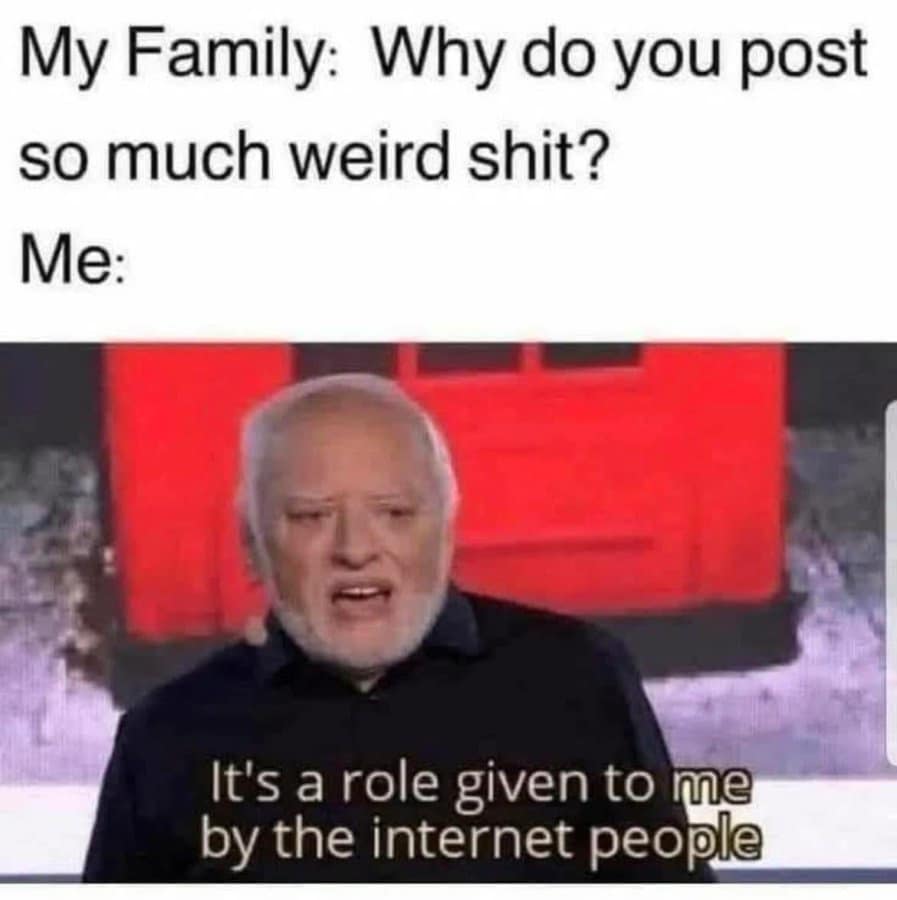 My Family: Why do you post so much weird shit? Me: It's a role given to me by the internet people