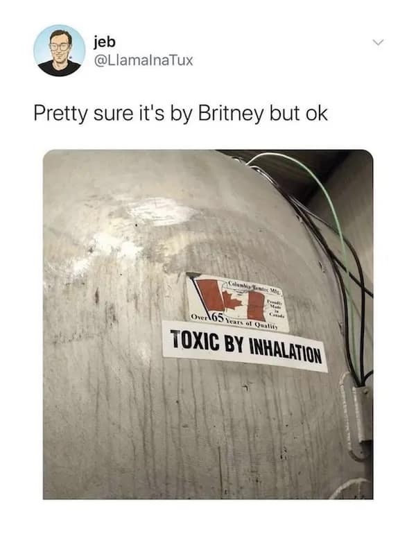 jeb @LlamalnaTux Pretty sure it's by Britney but ok Over 65 Nears of Quatris TOXIC BY INHALATION