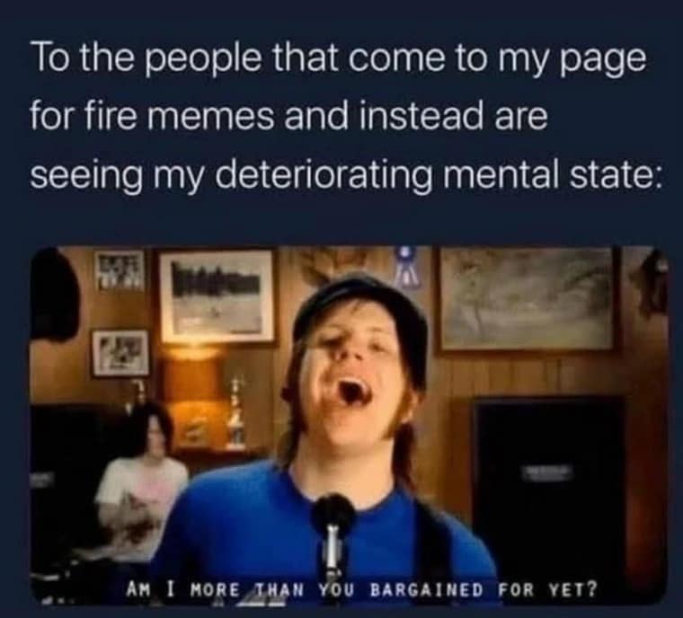To the people that come to my page for fire memes and instead are seeing my deteriorating mental state: AM I MORE THAN YOU BARGAINED FOR YET?