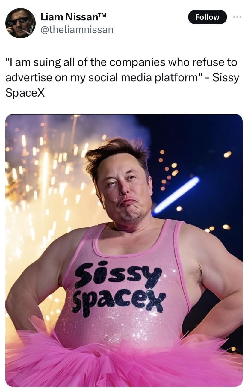 Liam Nissan™ @theliamnissan Follow "I am suing all of the companies who refuse to advertise on my social media platform" - Sissy SpaceX Sissy Spacer