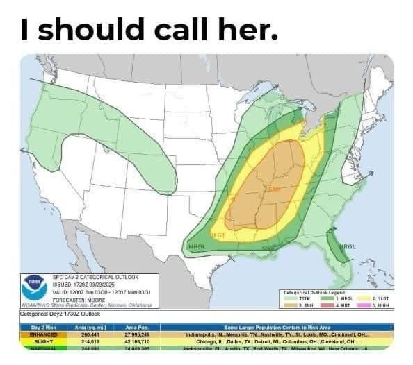 I should call her. SEC DAV 2 CATEGORICAL DUTLOOK ISSUED: 1728Z 03/292025 VALID: 1200Z Sun 03/30 - 12002 Moni 03031 FORECASTER MOGRE tin Gonier Calagoricas Day2.17302 Outiook 1 HROL 200,441 27.995,218 antianspotts, IN.* SUGHT 214.018 42,163,710 Mistville, TH..St. Louis, MO. Cincinnati, OH. Chicago, IL. Dallas, TX. Detroit, Mi.Coumbus, OH., Cleveland, OH..