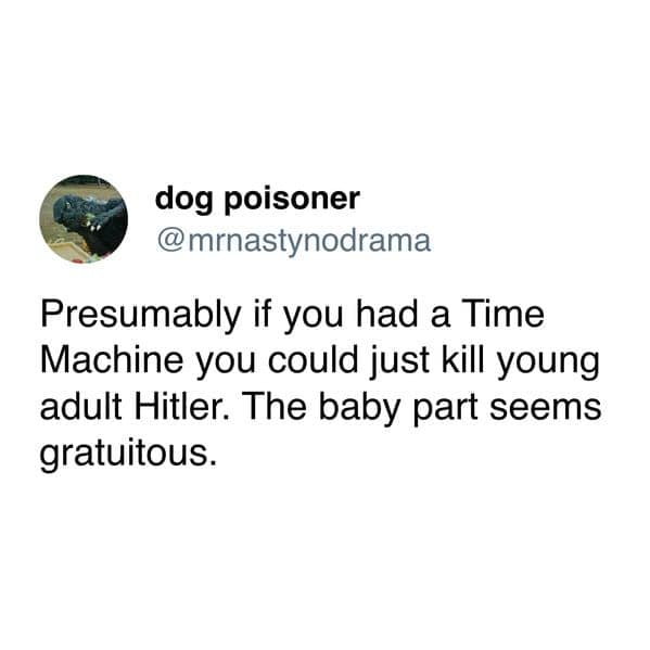 dog poisoner @mrnastynodrama Presumably if you had a Time Machine you could just kill young adult Hitler. The baby part seems gratuitous.