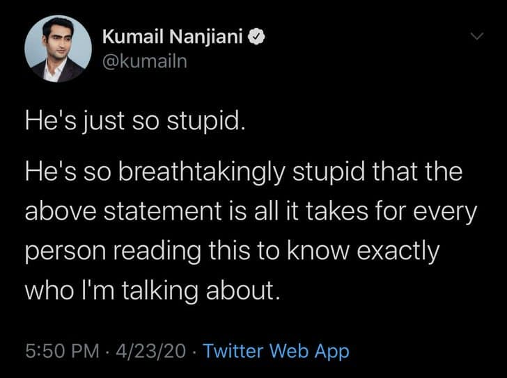 Kumail Naniiani O @kumailn He's just so stupid. He's so breathtakingly stupid that the above statement is all it takes for every person reading this to know exactly who I'm talking about. 5:50 PM • 4/23/20 • Twitter Web App
