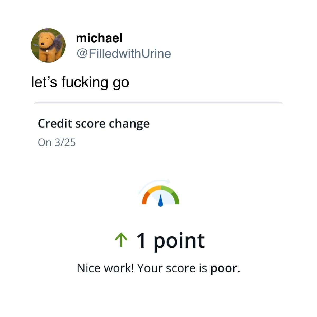 michael @FilledwithUrine let's fucking go Credit score change On 3/25 1 1 point Nice work! Your score is poor.