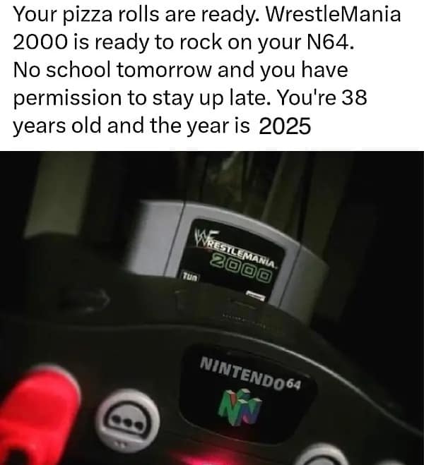 Your pizza rolls are ready. WrestleMania 2000 is ready to rock on your N64. No school tomorrow and you have permission to stay up late. You're 38 years old and the year is 2025 WEESTLEMARIA. 2000 NINTENDO64