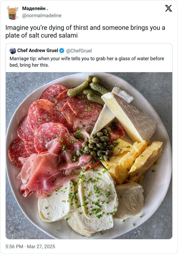 • Маделейн. @normalmadeline Imagine you're dying of thirst and someone brings you a plate of salt cured salami Chef Andrew Gruel © @ChefGruel Marriage tip: when your wife tells you to grab her a glass of water before bed, bring her this. X 5:56 PM • Mar 27, 2025