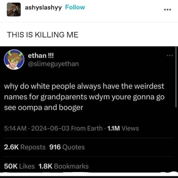 ashyslashyy Follow THIS IS KILLING ME ethan !!!! @slimeguyethan why do white people always have the weirdest names for grandparents wdym youre gonna go see oompa and booger 5:14 AM • 2024-06-03 From Earth • 1.1M Views 2.6K Reposts 916 Quotes 50K Likes 1.8K Bookmarks