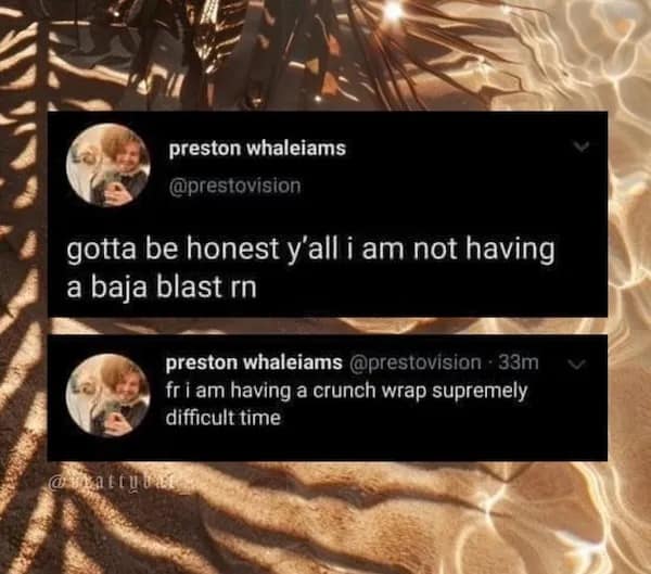 preston whaleiams @prestovision gotta be honest y'all i am not having a baja blast rn preston whaleiams @prestovision • 33m fri am having a crunch wrap supremely difficult time