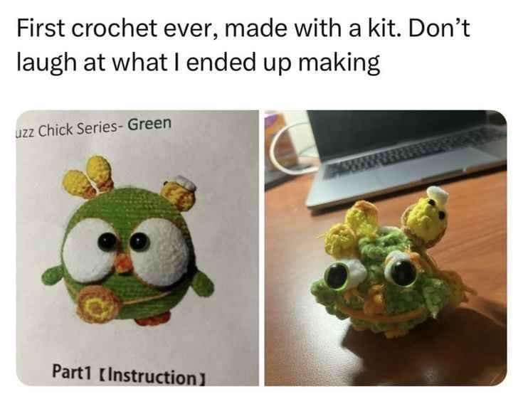 First crochet ever, made with a kit. Don't laugh at what I ended up making uzz Chick Series- Green Part1 [Instruction)