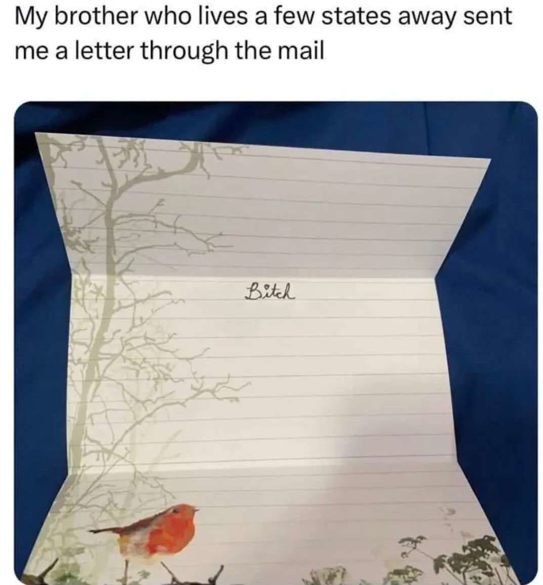 My brother who lives a few states away sent me a letter through the mail Bitch