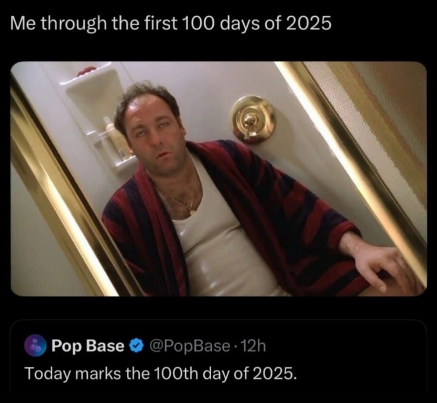 Me through the first 100 days of 2025 Pop Base © @PopBase • 12h Today marks the 100th day of 2025.