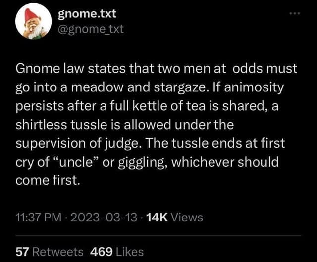 gnome.txt @gnome_txt Gnome law states that two men at odds must go into a meadow and stargaze. If animosity persists after a full kettle of tea is shared, a shirtless tussle is allowed under the supervision of judge. The tussle ends at first cry of "uncle" or giggling, whichever should come first. 11:37 PM - 2023-03-13 • 14K Views 57 Retweets 469 Likes