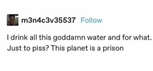 m3n4c3v35537 Follow I drink all this goddamn water and for what. Just to piss? This planet is a prison