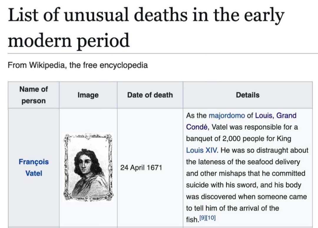 List of unusual deaths in the early modern period From Wikipedia, the free encyclopedia Name of person Image Date of death François Vatel 24 April 1671 Details As the majordomo of Louis, Grand Condé, Vatel was responsible for a banquet of 2,000 people for King Louis XIV. He was so distraught about the lateness of the seafood delivery and other mishaps that he committed suicide with his sword, and his body was discovered when someone came to tell him of the arrival of the fish.91101
