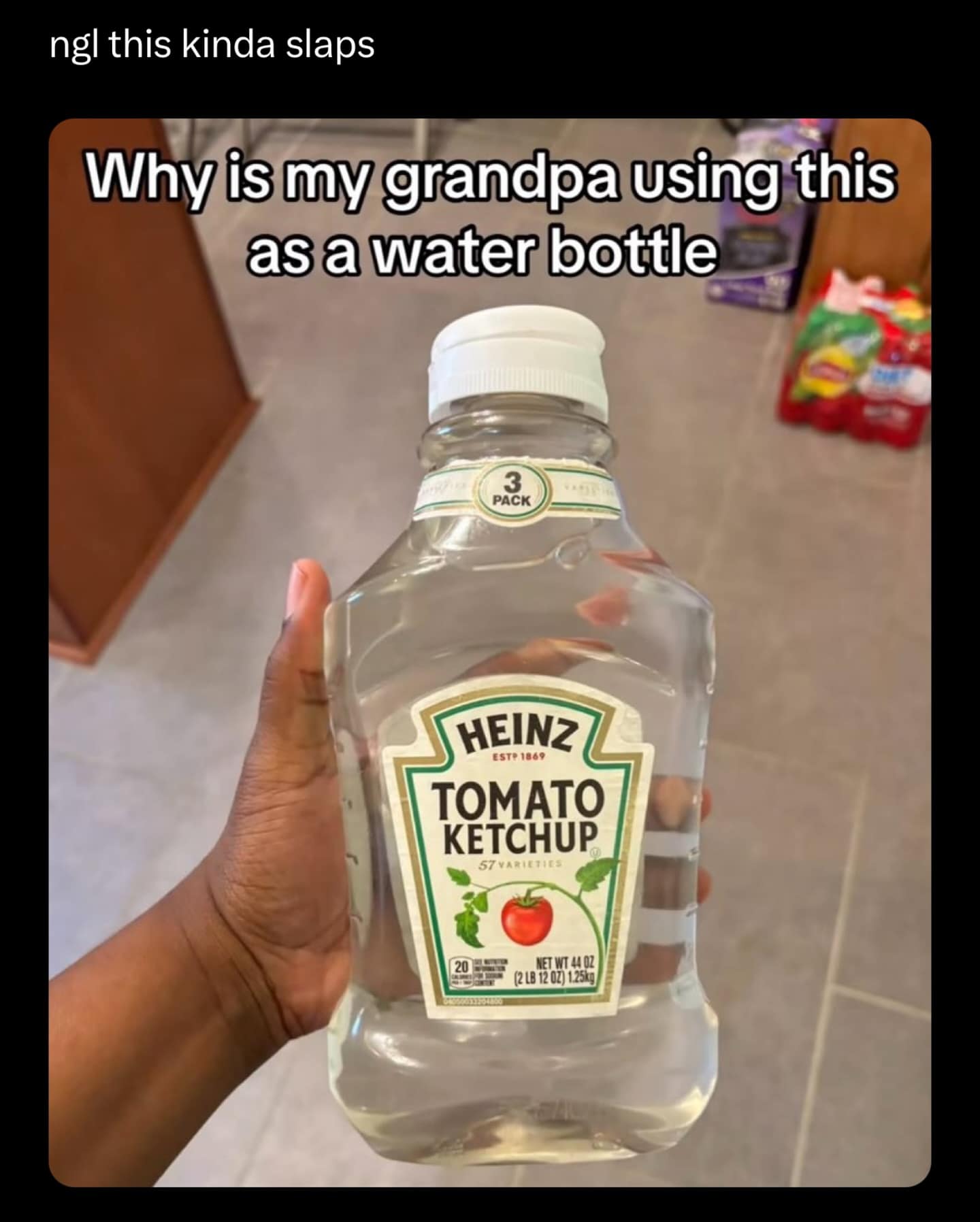 ngl this kinda slaps Why is my grandpa using this as a water bottle 3 PACK HEINZ ESTO 1869 TOMATO KETCHUP NET WT 44OZ