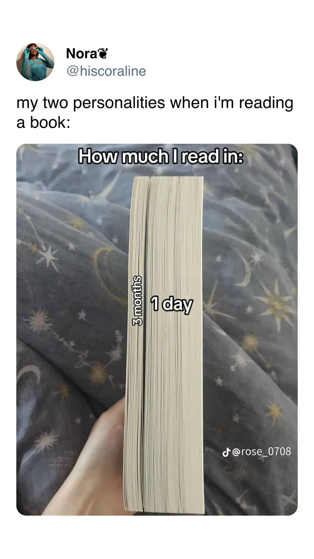 Nora? @ hiscoraline my two personalities when im reading a book: How much I read in: 3 months 1 day d@rose_0708