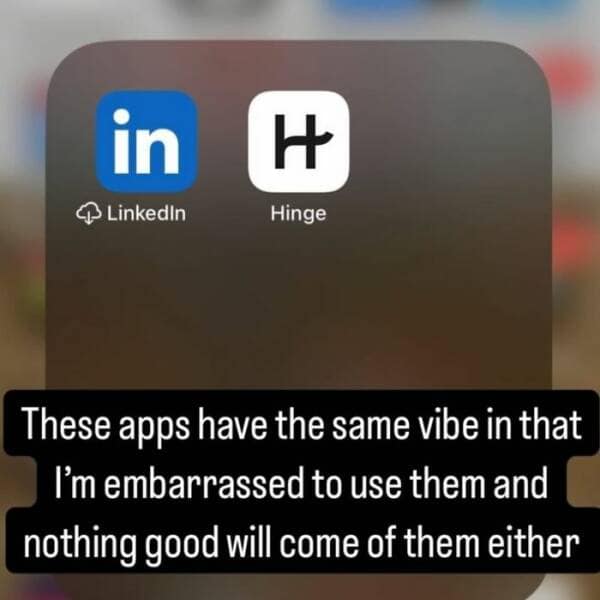 in @ Linkedin H Hinge These apps have the same vibe in that I'm embarrassed to use them and nothing good will come of them either