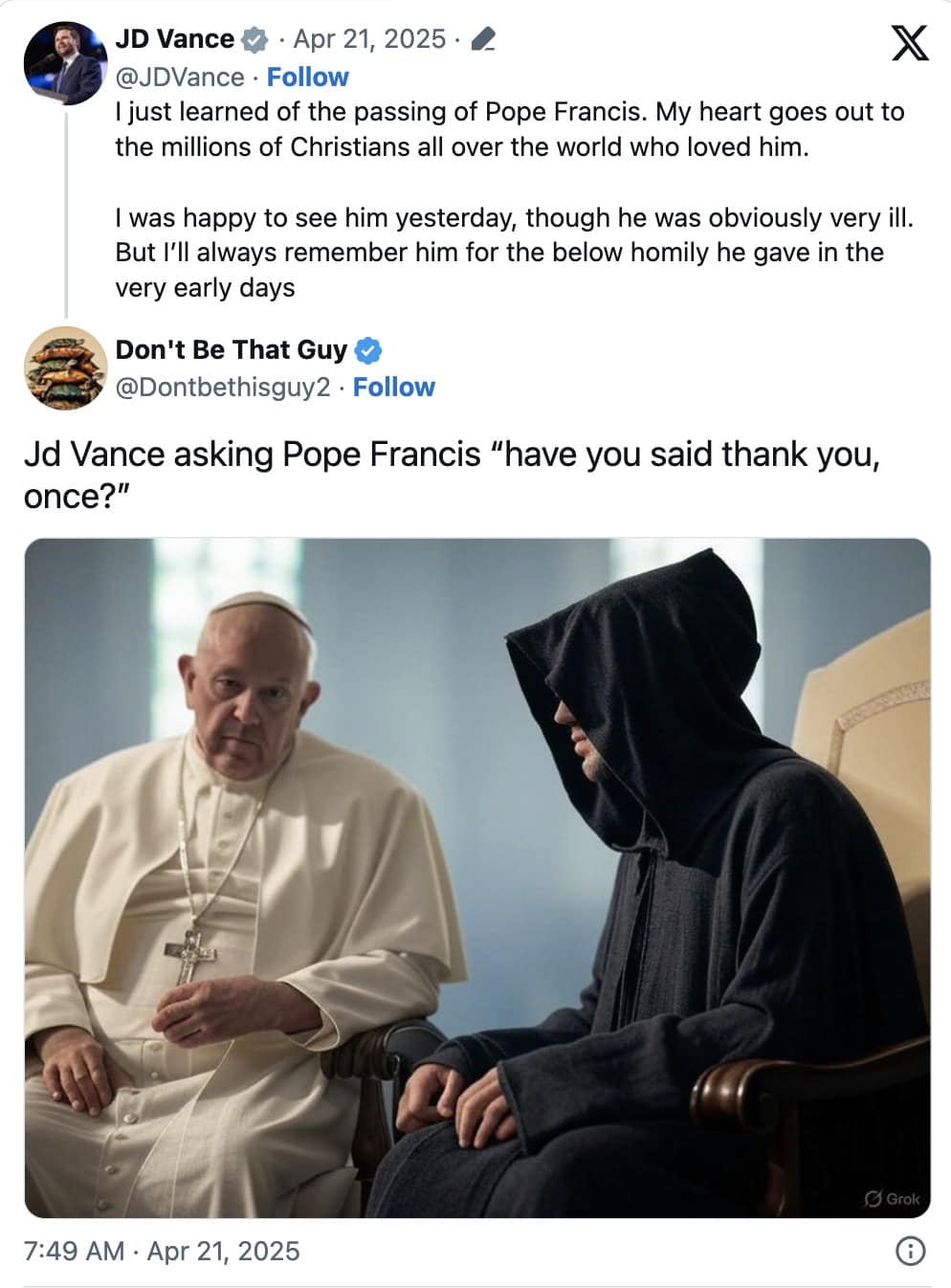 pope francis memes, pope francis death, funny Pope Francis pictures, viral Pope Francis moments, Pope Francis passed away, Pope Francis dies, JD Vance Pope Francis, JD Vance memes, political memes 2025