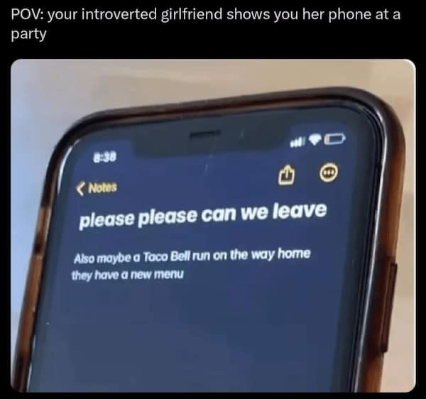 POV: your introverted girlfriend shows you her phone at a party