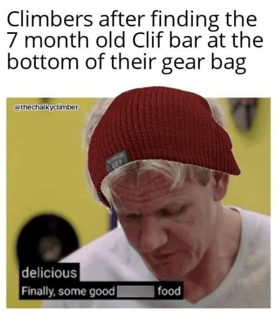 Climbers after finding the 7 month old Clif bar at the bottom of their gear bag