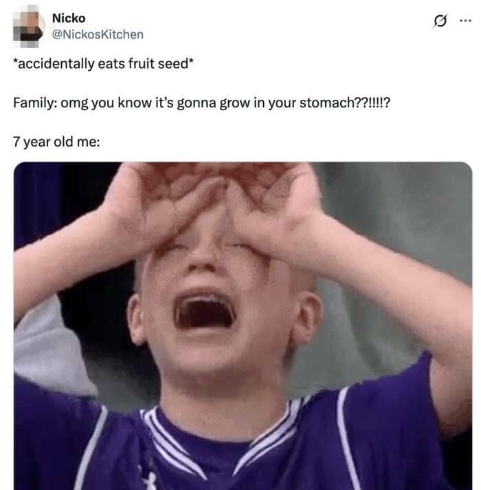 *accidentally eats fruit seed* Family: omg you know it's gonna grow in your stomach??!!!!? 7 year old me: