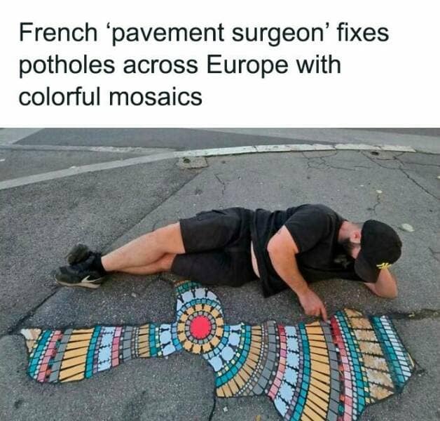 French 'pavement surgeon' fixes potholes across Europe with colorful mosaics