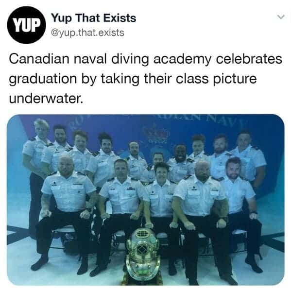 Canadian naval diving academy celebrates graduation by taking their class picture underwater.