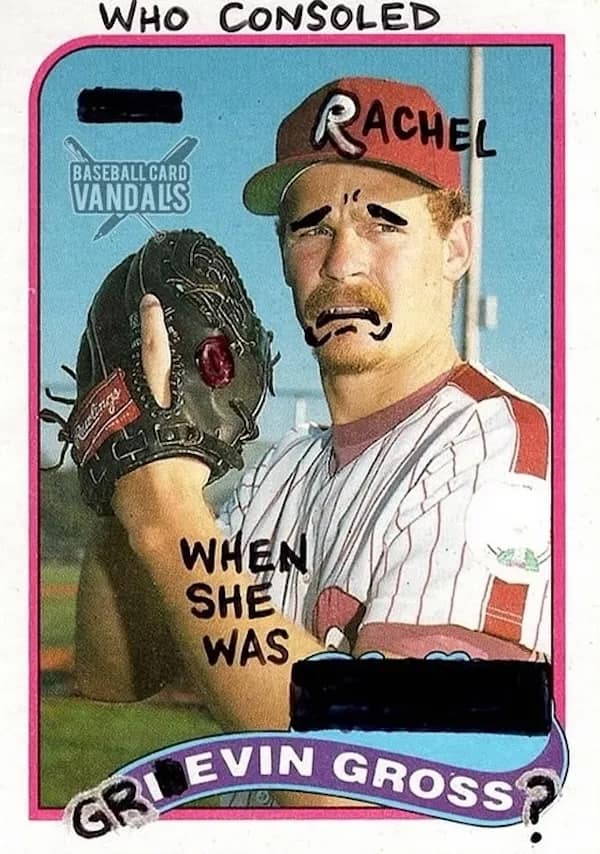 baseball card vandals, vandalized baseball cards, baseball memes, sports memes, funny baseball cards, trading card humor, baseball card jokes, defaced cards, card collecting memes, baseball humor, sports card memes, funny sports memes, baseball card collection, hobby memes, doodle memes, baseball comedy, card collector jokes, MLB memes, trading cards humor, baseball card dump