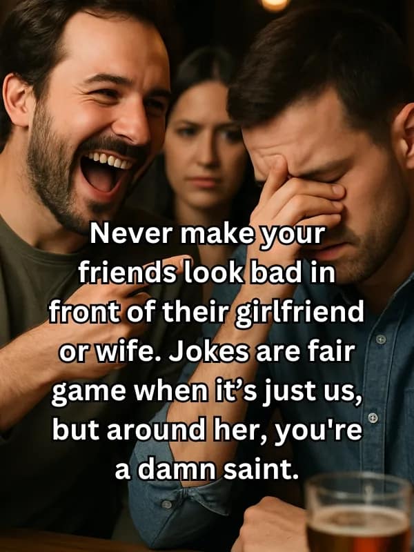 Never make your friends look bad in front of their girlfriend or wife. Jokes are fair game when it's just us, but around her, you're ® a damn saint.