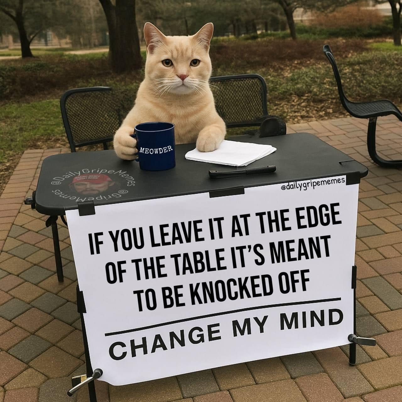 MEOWDER Peonadios @ edailygripememes IF YOU LEAVE IT AT THE EDGE OF THE TABLE IT'S MEANT TO BE KNOCKED OFF CHANGE MY MIND
