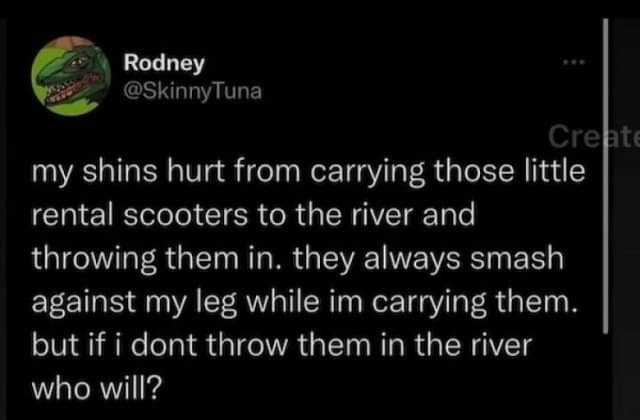 Rodney @Skinny Tuna Creati my shins hurt from carrying those little rental scooters to the river and throwing them in. they always smash against my leg while im carrying them. but if i dont throw them in the river who will?