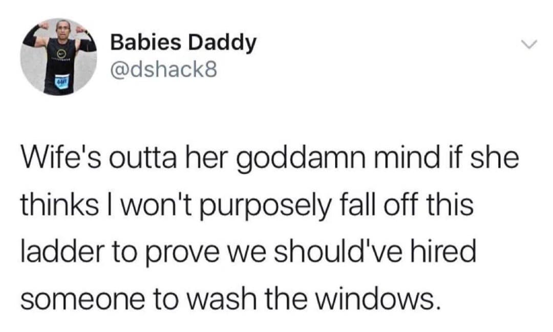 Babies Daddy @dshack8 Wife's outta her goddamn mind if she thinks I won't purposely fall off this ladder to prove we should've hired someone to wash the windows.