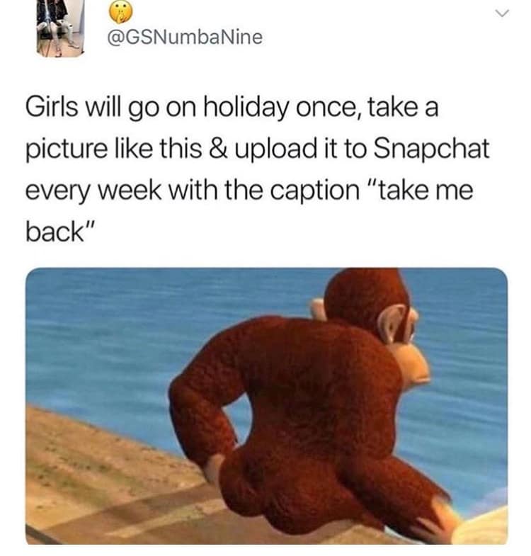 @GSNumbaNine Girls will go on holiday once, take a picture like this & upload it to Snapchat every week with the caption "take me back"