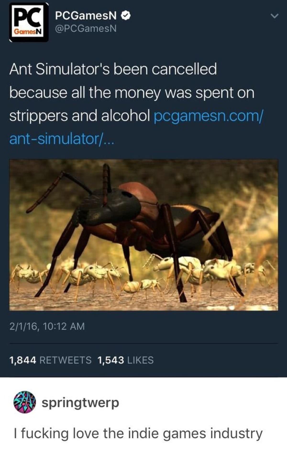 PC GamesN PCGamesN @PCGamesN Ant Simulator's been cancelled because all the money was spent on strippers and alcohol pcgamesn.com/ ant-simulator/... 2/1/16, 10:12 AM 1,844 RETWEETS 1,543 LIKES springtwerp I fucking love the indie games industry