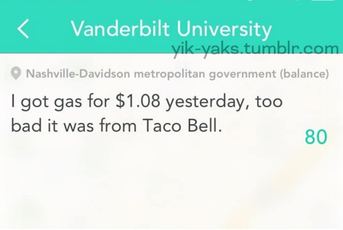 < Vanderbilt University vik-vaks.tumblr.com © Nashville-Davidson metropolitan government (balance) I got gas for $1.08 yesterday, too bad it was from Taco Bell. 80