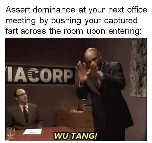 Assert dominance at your next office meeting by pushing your captured fart across the room upon entering: (ACORP WU TANG!
