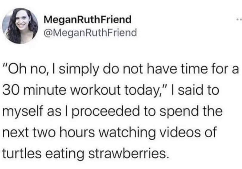 MeganRuthFriend @MeganRuthFriend "Oh no, I simply do not have time for a 30 minute workout today," | said to myself as I proceeded to spend the next two hours watching videos of turtles eating strawberries.