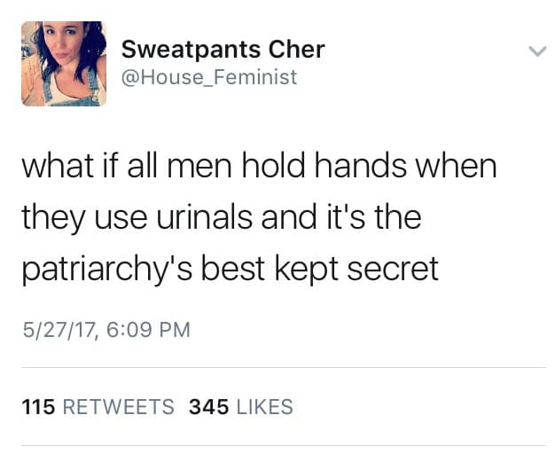Sweatpants Cher @House_Feminist what if all men hold hands when they use urinals and it's the patriarchy's best kept secret 5/27/17, 6:09 PM 115 RETWEETS 345 LIKES