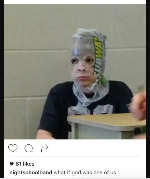 • 81 likes nightschoolband what if god was one of us Subway hat kid