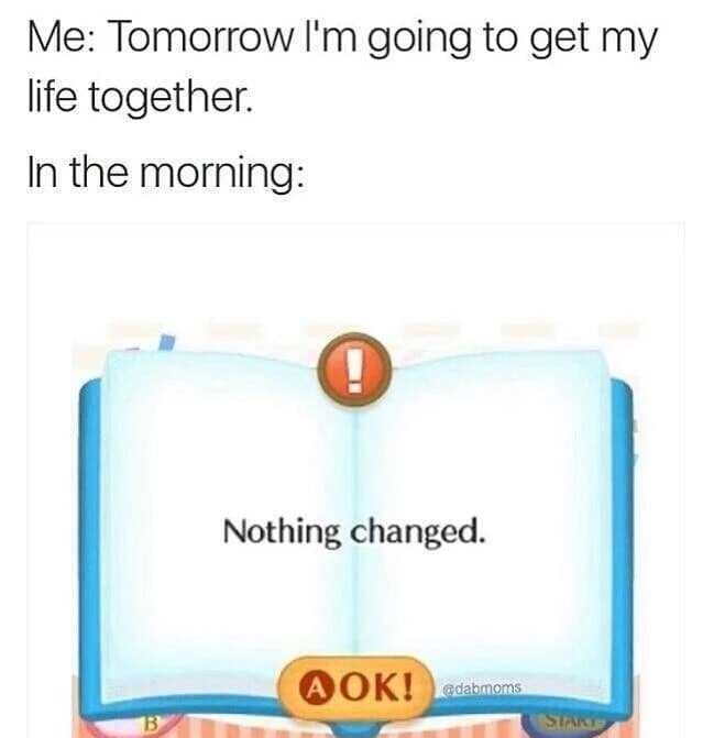 Me: Tomorrow I'm going to get my life together. In the morning: Nothing changed. QOK! @dabmoms