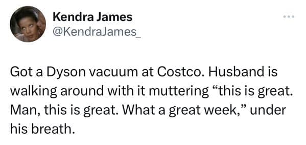 Got a Dyson vacuum at Costco. Husband is walking around with it muttering "this is great. Man, this is great. What a great week," under his breath.