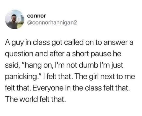 A guy in class got called on to answer a question and after a short pause he said, "hang on, I'm not dumb I'm just panicking." I felt that. The girl next to me felt that. Everyone in the class felt that. The world felt that.