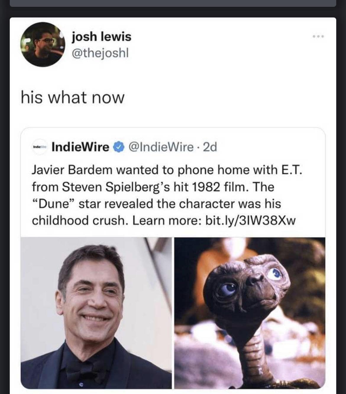 Javier Bardem wanted to phone home with E.T. from Steven Spielberg's hit 1982 film. The "Dune" star revealed the character was his childhood crush.