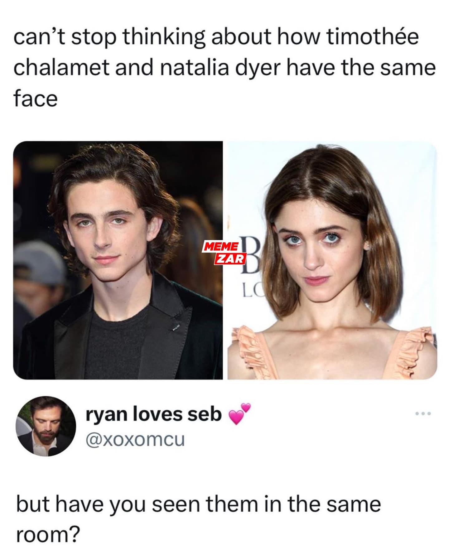 can't stop thinking about how timothée chalamet and natalia dyer have the same face