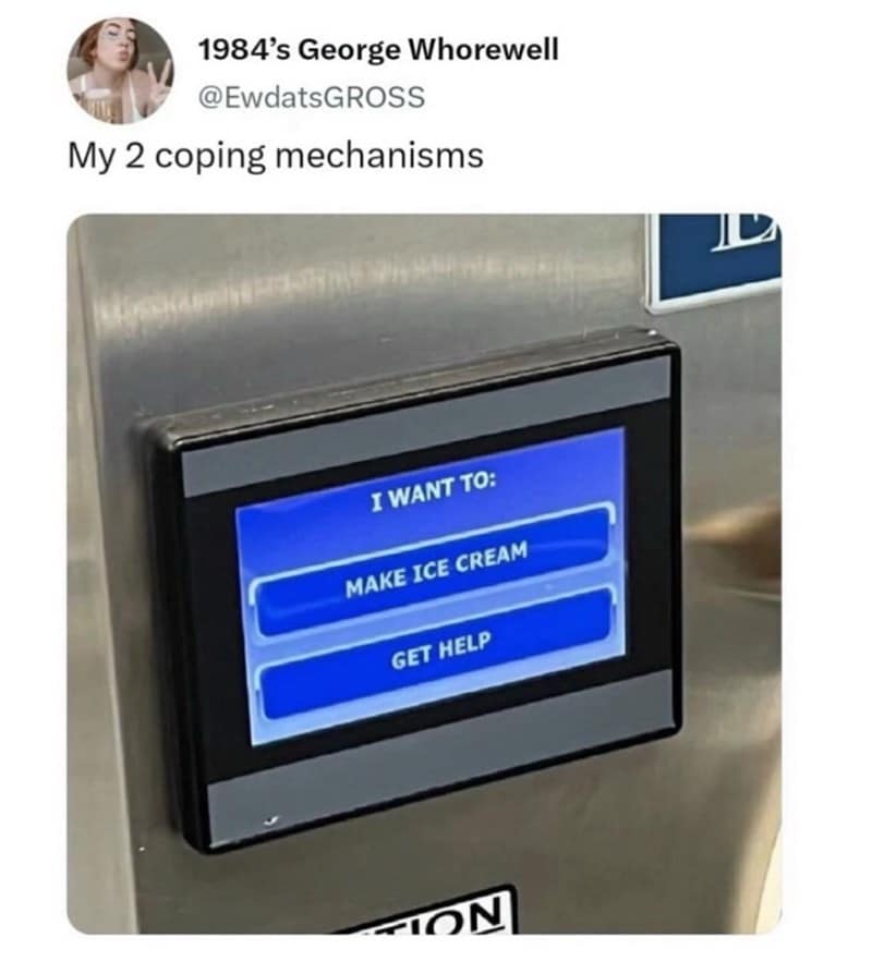 My 2 coping mechanisms I WANT TO: MAKE ICE CREAM GET HELP