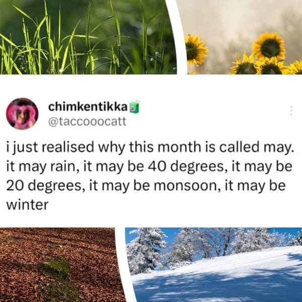i just realised why this month is called may. it may rain, it may be 40 degrees, it may be 20 degrees, it may be monsoon, it may be winter