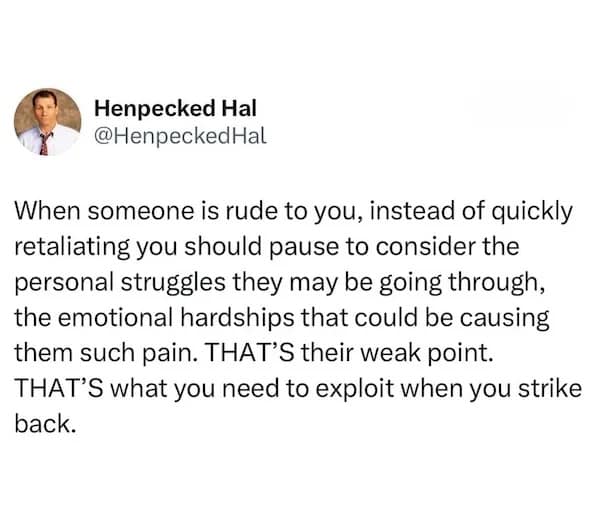 When someone is rude to you, instead of quickly retaliating you should pause to consider the personal struggles they may be going through, the emotional hardships that could be causing them such pain. THAT'S their weak point. THAT'S what