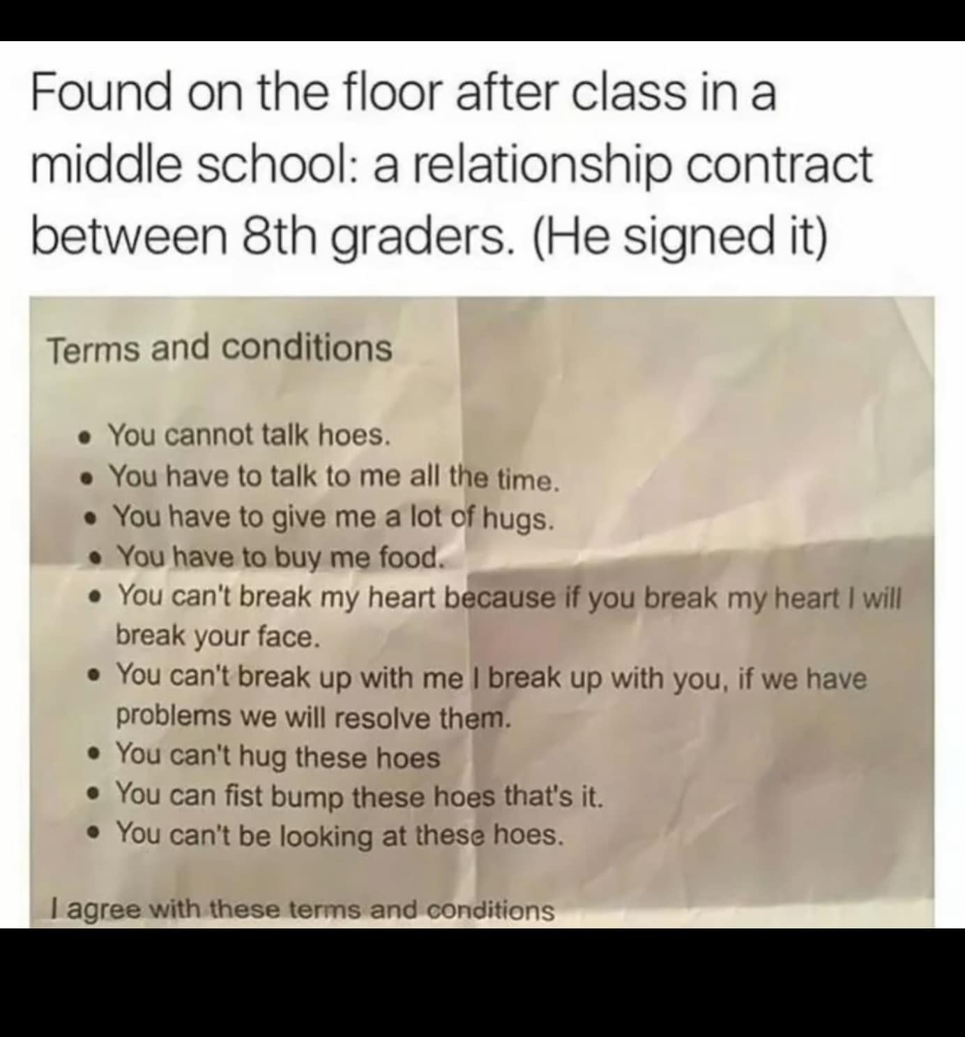 Found on the floor after class in a middle school: a relationship contract between 8th graders. (He signed it)