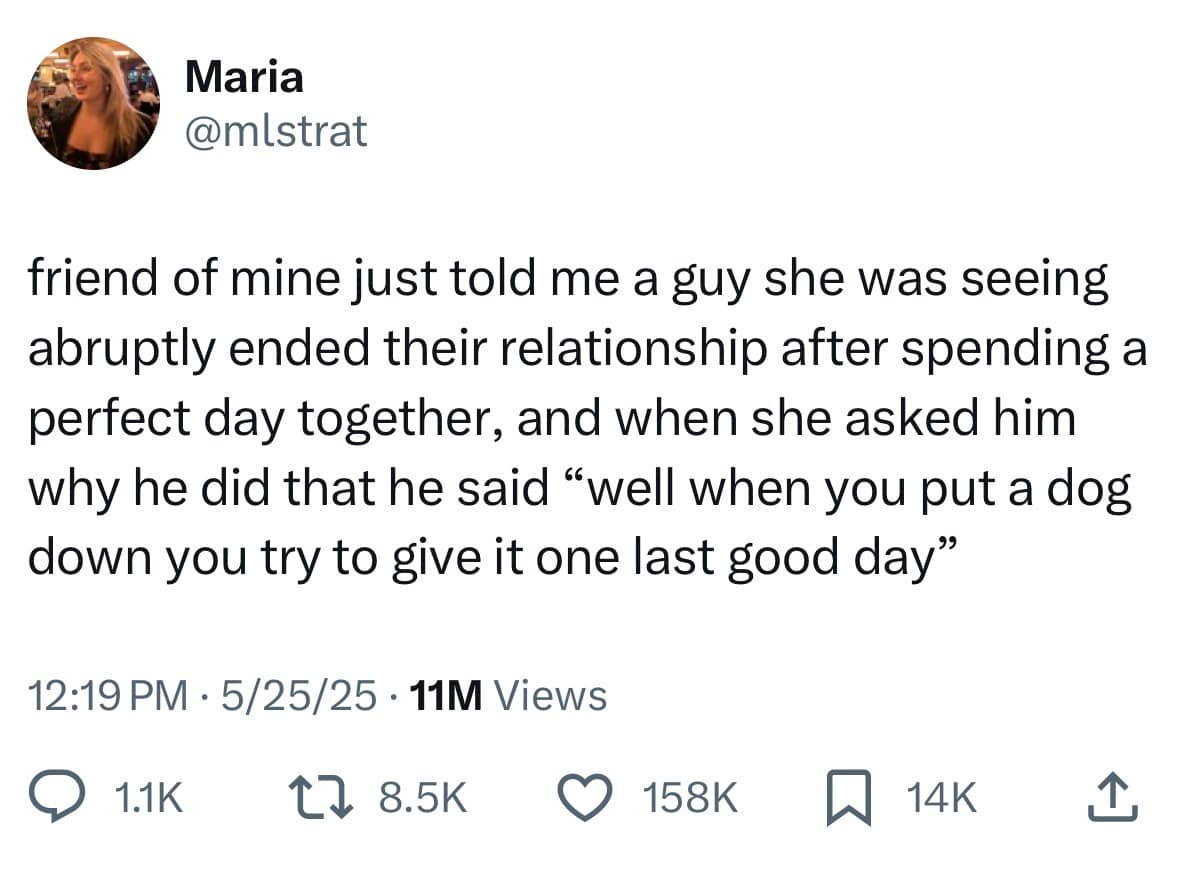 friend of mine just told me a guy she was seeing abruptly ended their relationship after spending a perfect day together, and when she asked him why he did that he said "well when you put a dog down you try to give it one last good day"