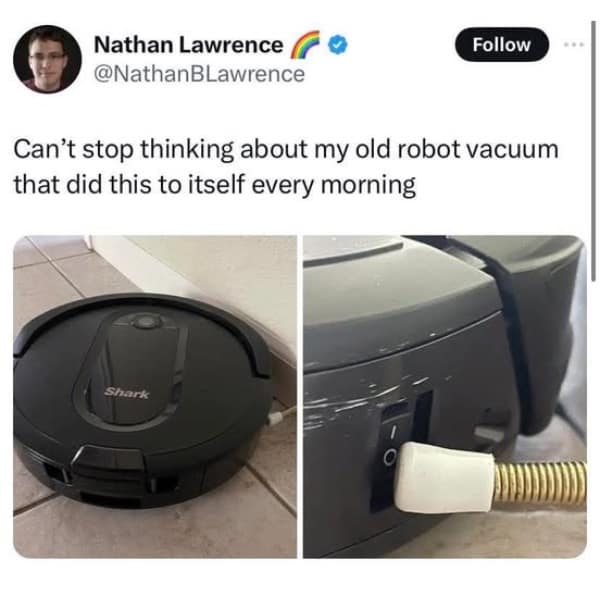 Can't stop thinking about my old robot vacuum that did this to itself every morning